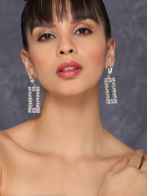 Love bling glittering crystals square drop earrings silver plated alloy for women and girls 1