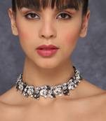 Floral silver plated white and black crystal choker necklace silver plated alloy  for women