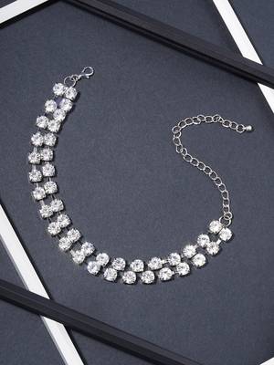 two line big rhinestone choker necklace silver plated alloy  for women and girls 1