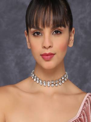 two line big rhinestone choker necklace silver plated alloy  for women and girls 2