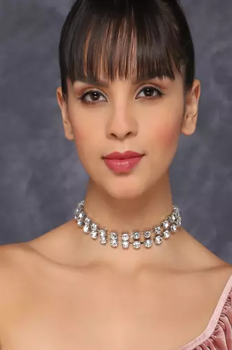 two line big rhinestone choker necklace silver plated alloy  for women and girls