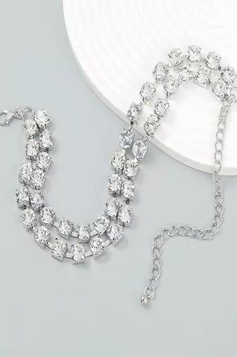 two line big rhinestone choker necklace silver plated alloy  for women and girls