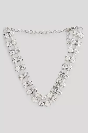 two line big rhinestone choker necklace silver plated alloy  for women and girls