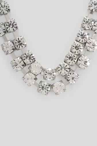 two line big rhinestone choker necklace silver plated alloy  for women and girls