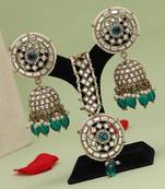 Rama green color kundan earrings with maang tikka
