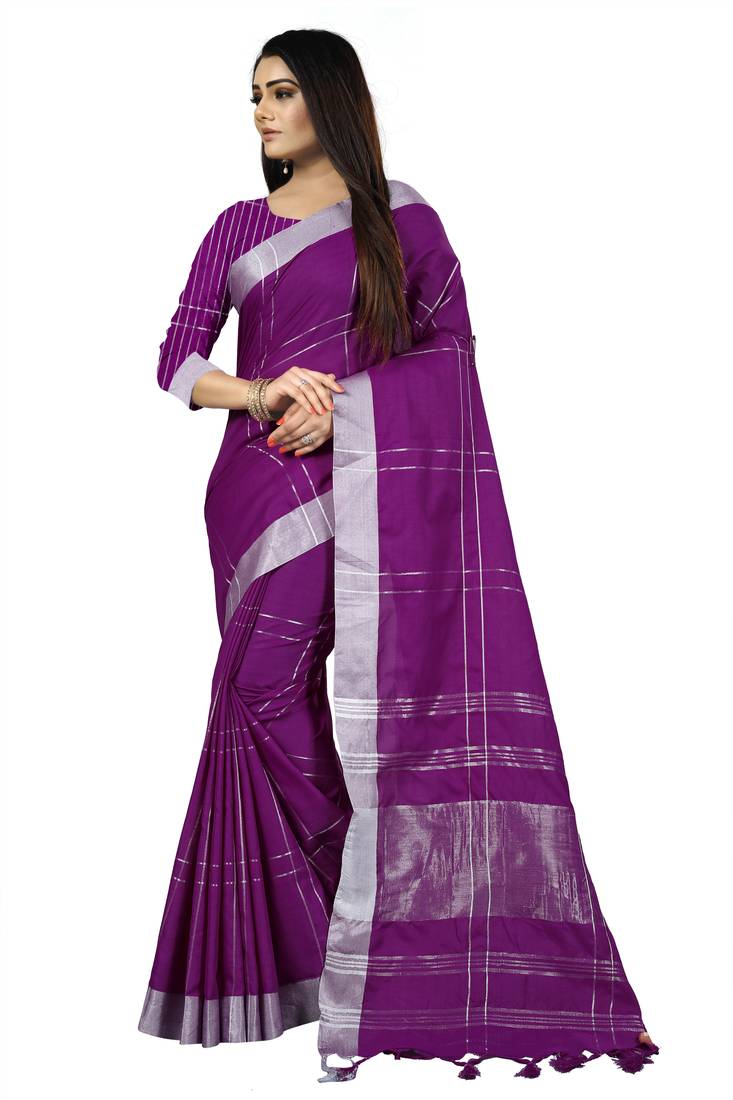Purple woven cotton silk jacquard sarees