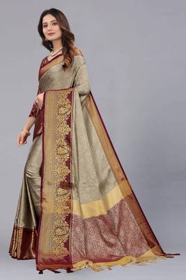 Grey Woven Faux Banarasi Art Silk Sarees 2