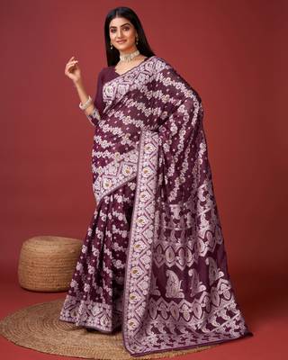 Wine Woven Pure Cotton Silk Linen Saree 1