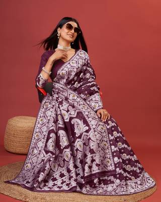 Wine Woven Pure Cotton Silk Linen Saree 2