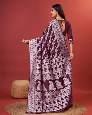 Wine Woven Pure Cotton Silk Linen Saree 3