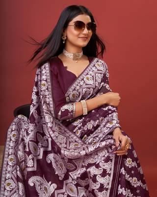 Wine Woven Pure Cotton Silk Linen Saree 4