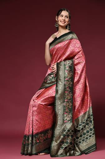 Pink Woven Silk Faux Kanchipuram Silk Sarees