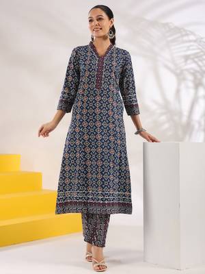  blue pure cotton geometric print a-line kurta trouser set 1