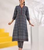 blue pure cotton geometric print a-line kurta trouser set