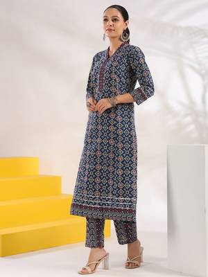  blue pure cotton geometric print a-line kurta trouser set 2