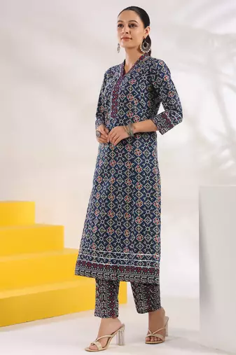  blue pure cotton geometric print a-line kurta trouser set