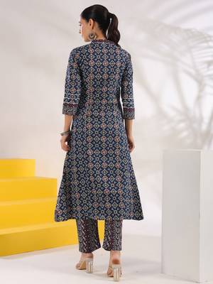  blue pure cotton geometric print a-line kurta trouser set 3