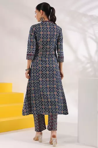  blue pure cotton geometric print a-line kurta trouser set
