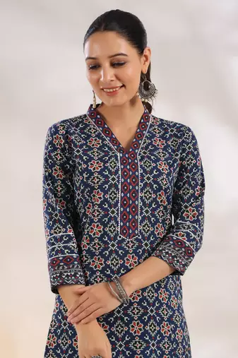  blue pure cotton geometric print a-line kurta trouser set