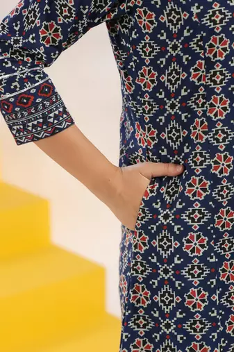  blue pure cotton geometric print a-line kurta trouser set
