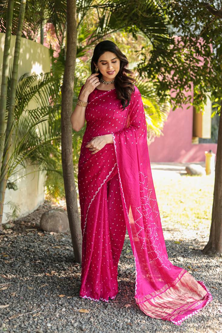 Rani pink printed silk bandhani sarees bandhej