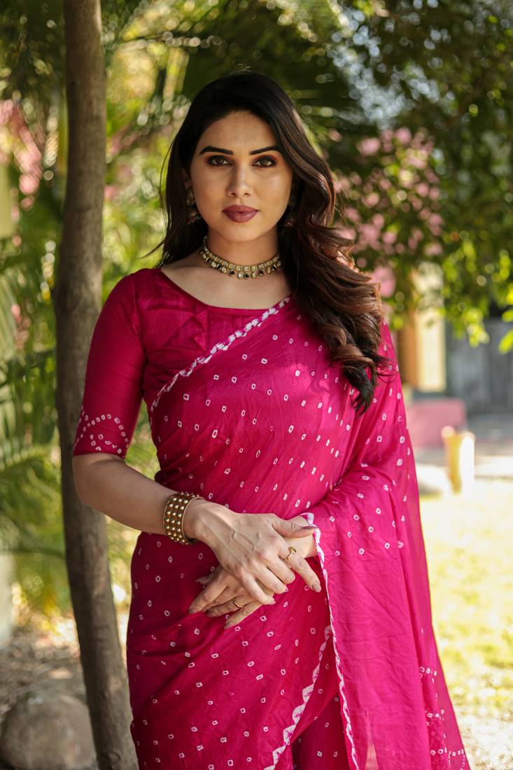Rani pink printed silk bandhani sarees bandhej
