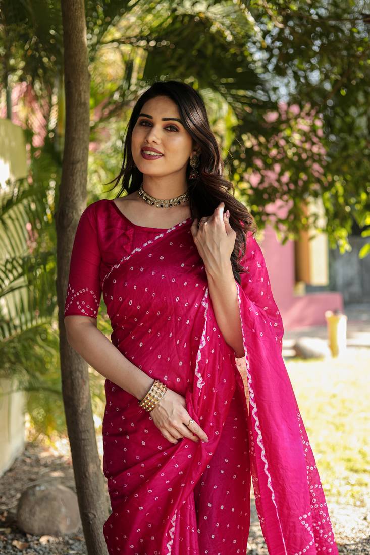 Rani pink printed silk bandhani sarees bandhej