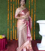 Peach Woven Cotton Art Silk Faux Banarasi Sarees