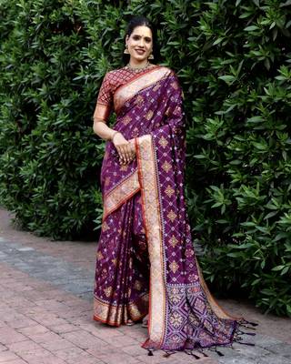 Wine Woven Silk Ikat Sarees 1