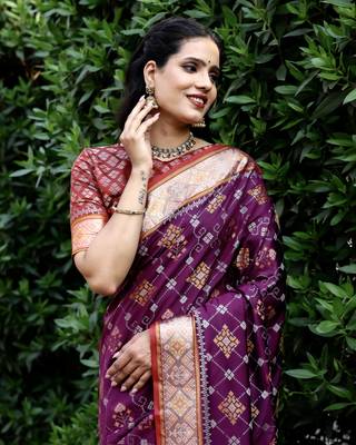 Wine Woven Silk Ikat Sarees 5