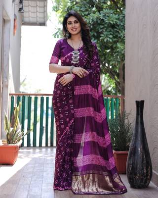 Purple Printed Silk Bandhani Sarees Bandhej 1