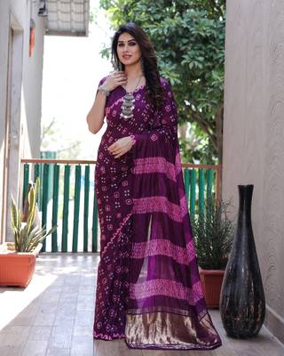 Purple Printed Silk Bandhani Sarees Bandhej 2