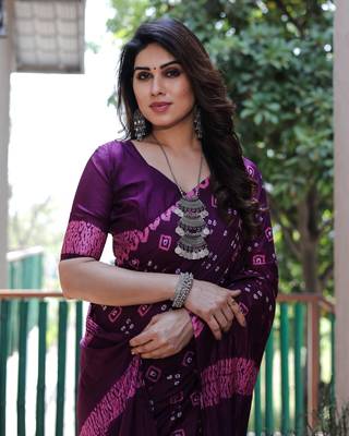 Purple Printed Silk Bandhani Sarees Bandhej 3