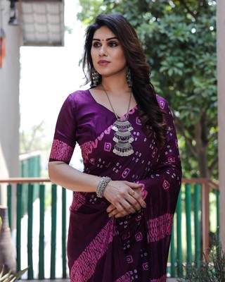 Purple Printed Silk Bandhani Sarees Bandhej 4