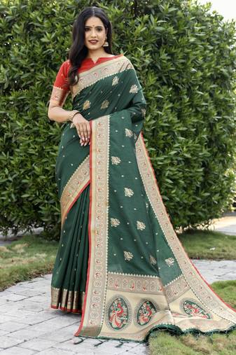Dark Green Woven Cotton Art Silk Faux Banarasi Sarees