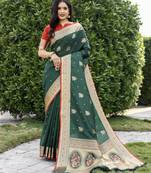 Dark Green Woven Cotton Art Silk Faux Banarasi Sarees