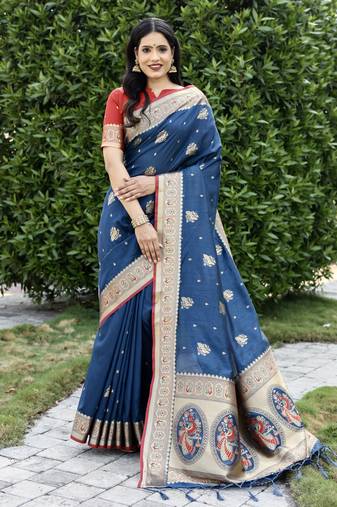 Navy Blue Woven Cotton Art Silk Faux Banarasi Sarees