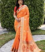 Orange Woven Cotton Art Silk Faux Banarasi Sarees