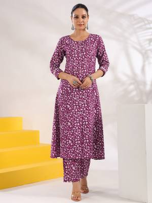  purple pure cotton floral print a-line kurta trouser set 1