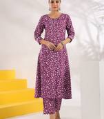  purple pure cotton floral print a-line kurta trouser set