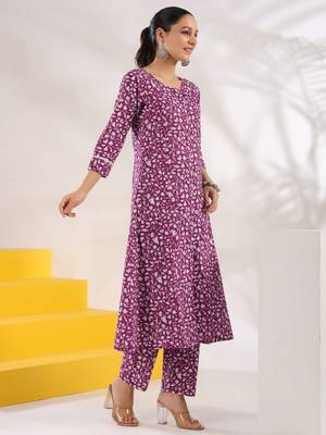  purple pure cotton floral print a-line kurta trouser set 2