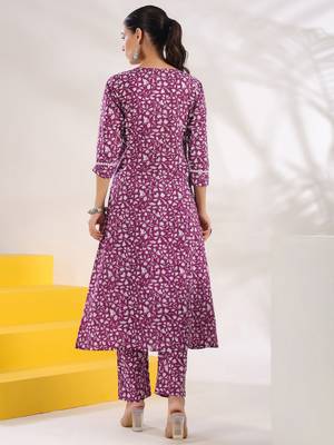  purple pure cotton floral print a-line kurta trouser set 3