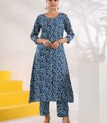  blue pure cotton floral print a-line kurta trouser set