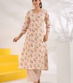  cream and pink pure cotton floral print a-line kurta trouser set