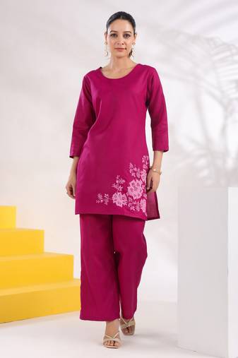  purple straight thread work above knee co-ord set