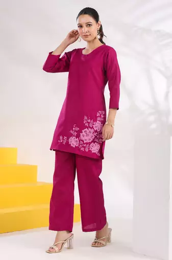  purple straight thread work above knee co-ord set