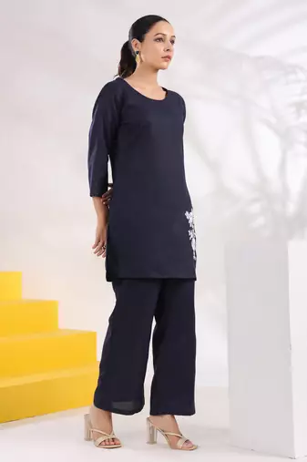  navy blue straight embroidered co-ord set