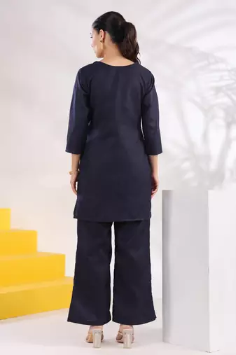  navy blue straight embroidered co-ord set