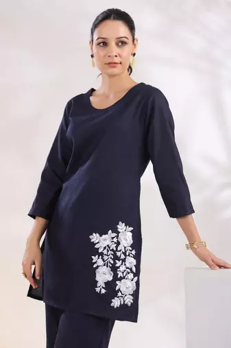  navy blue straight embroidered co-ord set