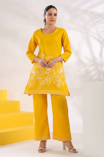  yellow a-line embroidered co-ord set